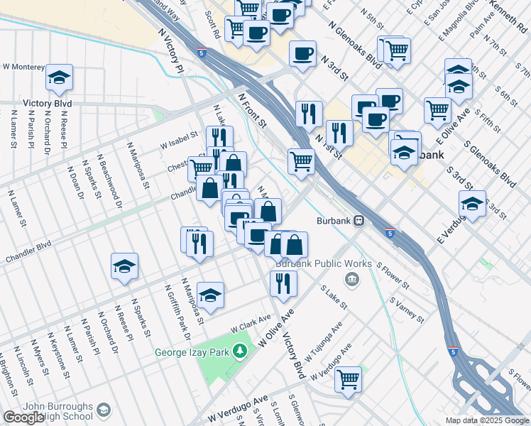 map of restaurants, bars, coffee shops, grocery stores, and more near 410 North Moss Street in Burbank