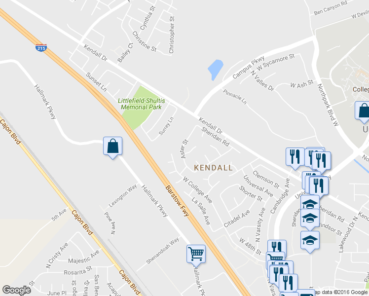 map of restaurants, bars, coffee shops, grocery stores, and more near 5519 Aster Street in San Bernardino