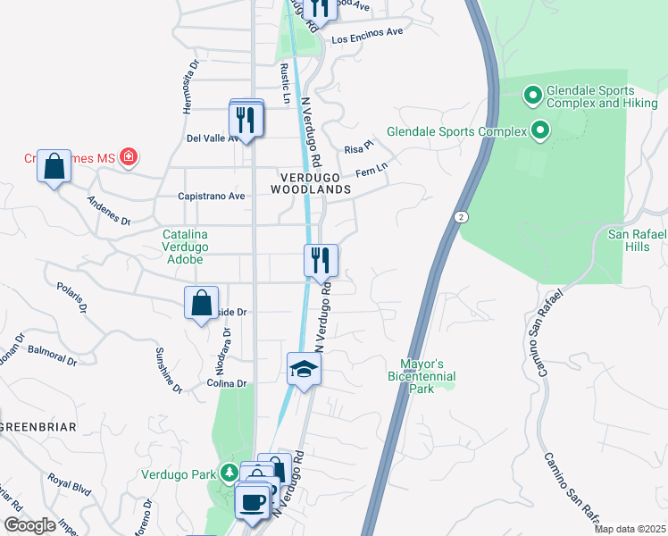map of restaurants, bars, coffee shops, grocery stores, and more near 2108 North Verdugo Road in Glendale