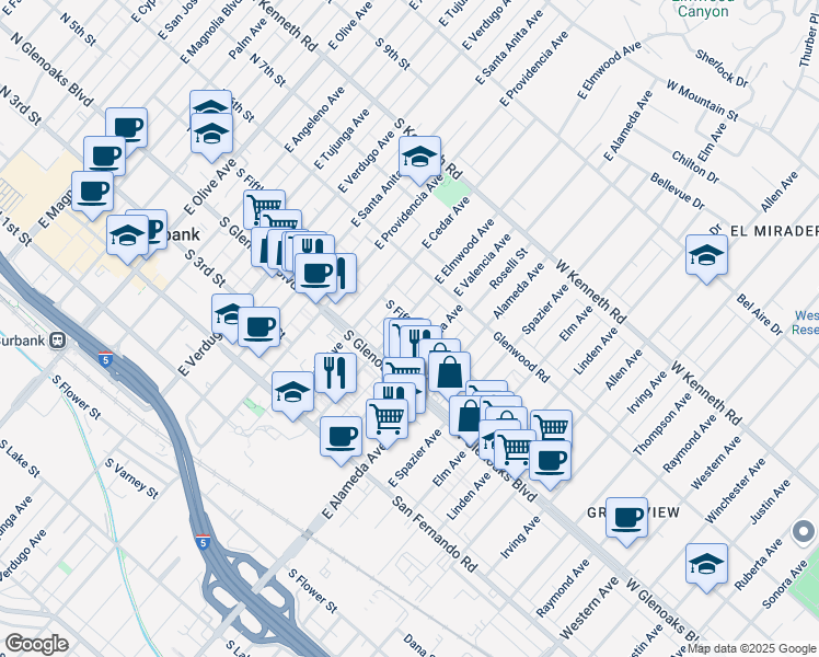 map of restaurants, bars, coffee shops, grocery stores, and more near 816 South Fifth Street in Burbank