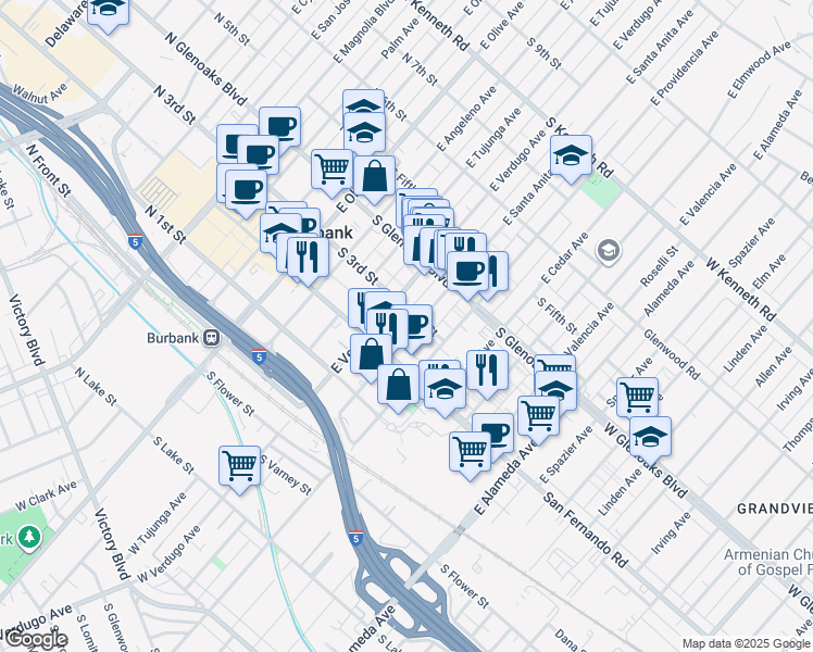 map of restaurants, bars, coffee shops, grocery stores, and more near 276 East Santa Anita Avenue in Burbank