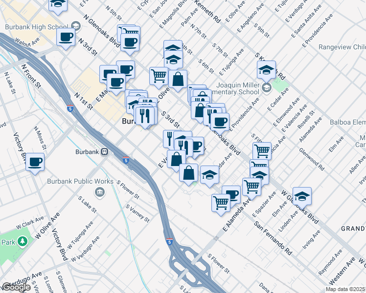 map of restaurants, bars, coffee shops, grocery stores, and more near 240 East Verdugo Avenue in Burbank