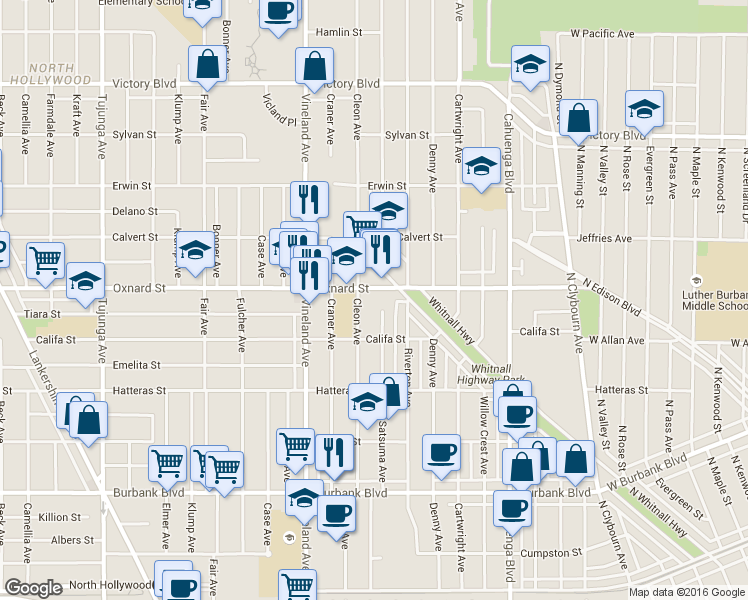 map of restaurants, bars, coffee shops, grocery stores, and more near 10858 Oxnard Street in Los Angeles