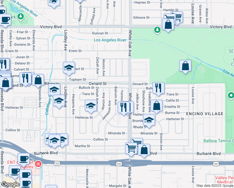 map of restaurants, bars, coffee shops, grocery stores, and more near 5950 Jamieson Avenue in Los Angeles