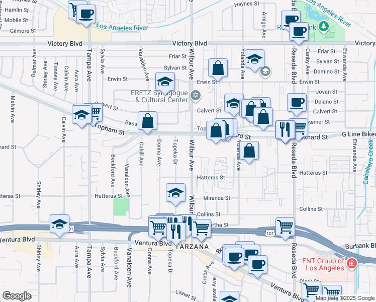 map of restaurants, bars, coffee shops, grocery stores, and more near 5965 Wilbur Avenue in Los Angeles