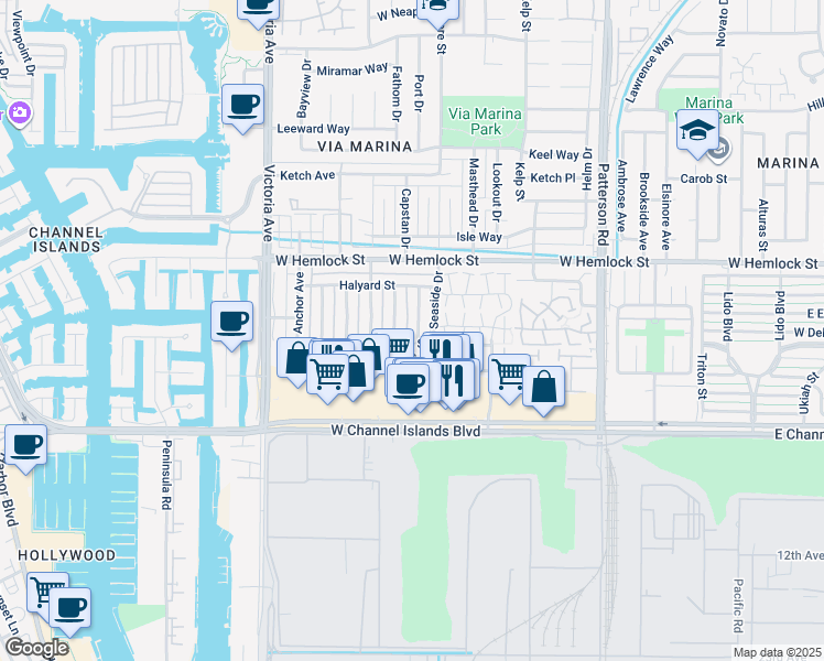 map of restaurants, bars, coffee shops, grocery stores, and more near 2573 Rudder Avenue in Port Hueneme