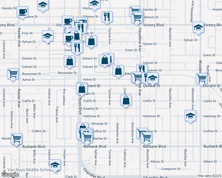 map of restaurants, bars, coffee shops, grocery stores, and more near 14260 Oxnard Street in Los Angeles