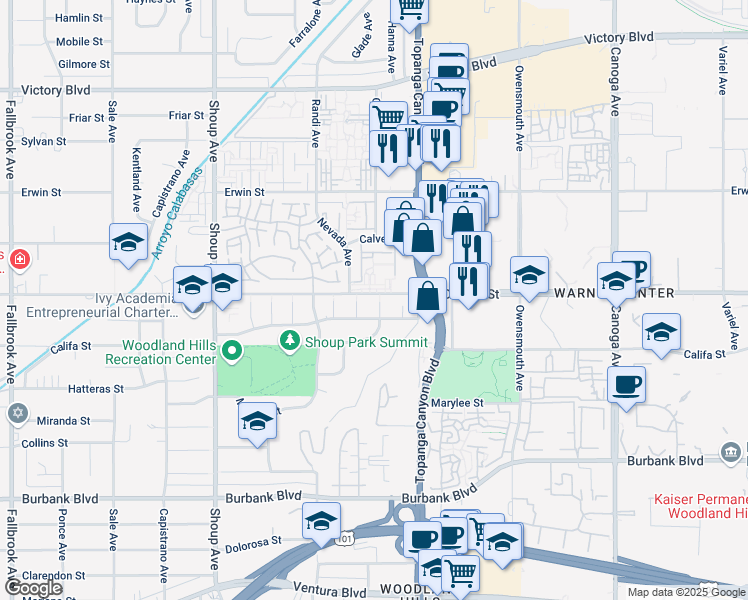map of restaurants, bars, coffee shops, grocery stores, and more near 5925 Glade Avenue in Los Angeles