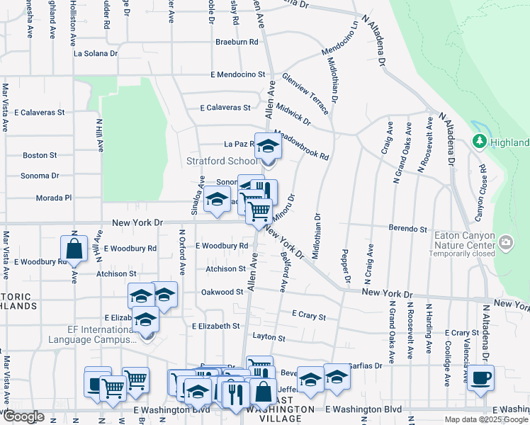 map of restaurants, bars, coffee shops, grocery stores, and more near 1916 Allen Avenue in Altadena