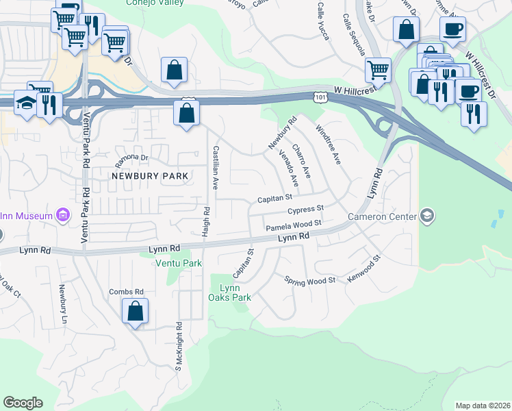 map of restaurants, bars, coffee shops, grocery stores, and more near 840 Capitan Street in Thousand Oaks