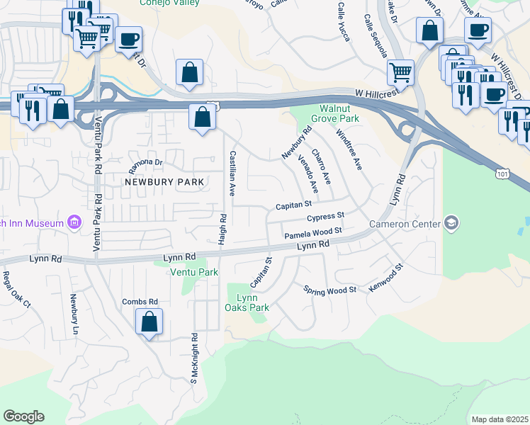 map of restaurants, bars, coffee shops, grocery stores, and more near 846 Lindawood Street in Thousand Oaks