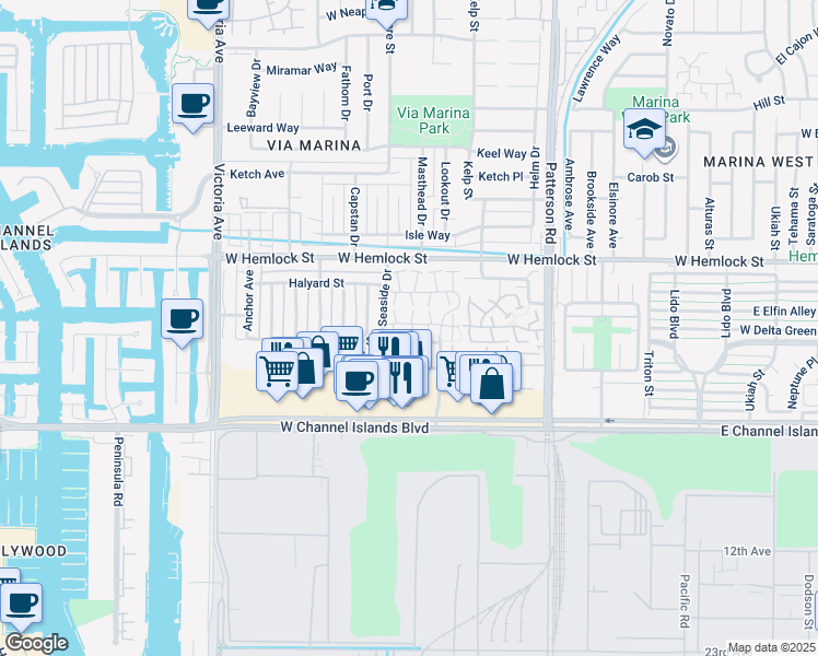 map of restaurants, bars, coffee shops, grocery stores, and more near 2573 Mariner Cove in Port Hueneme