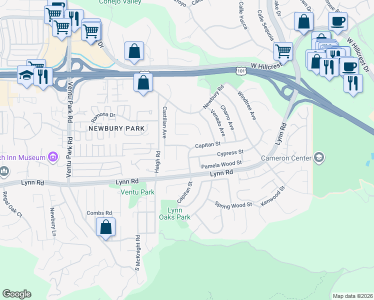 map of restaurants, bars, coffee shops, grocery stores, and more near 840 Capitan Street in Thousand Oaks
