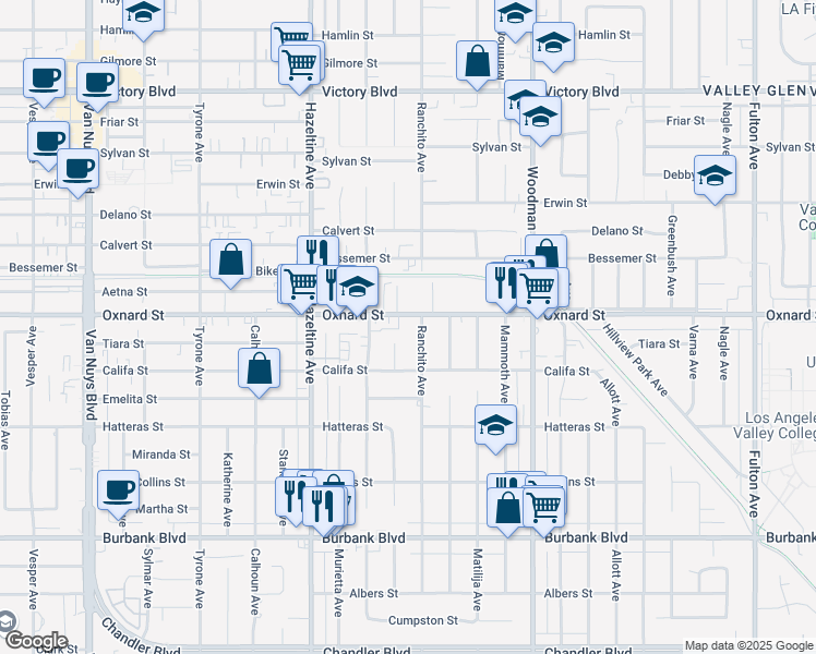 map of restaurants, bars, coffee shops, grocery stores, and more near 13912 Oxnard Street in Los Angeles