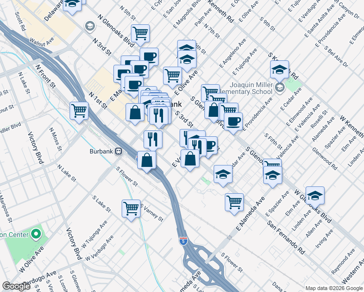 map of restaurants, bars, coffee shops, grocery stores, and more near 319 South San Fernando Boulevard in Burbank