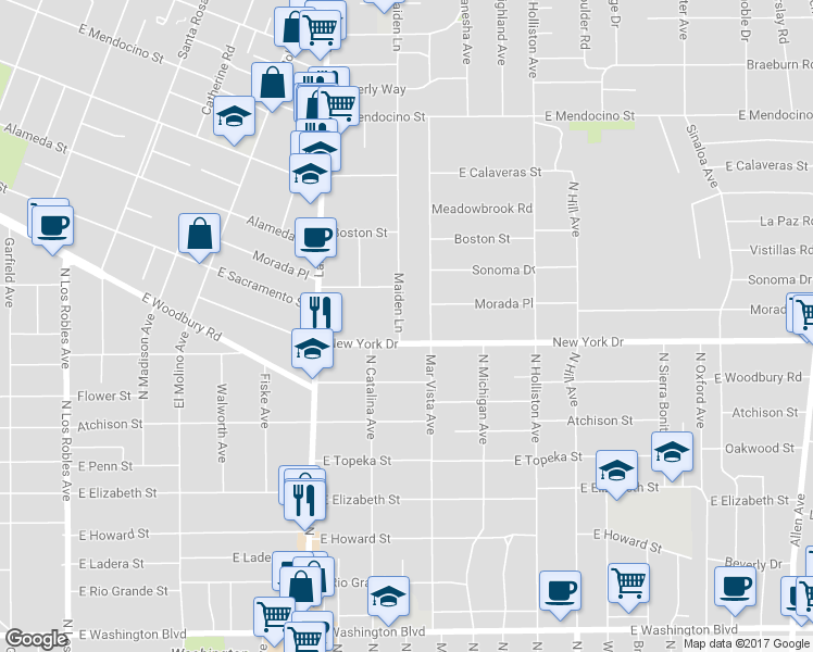 map of restaurants, bars, coffee shops, grocery stores, and more near 1920 Maiden Lane in Altadena
