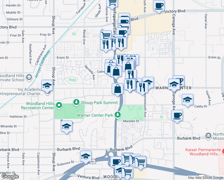 map of restaurants, bars, coffee shops, grocery stores, and more near 5924 Hanna Avenue in Los Angeles