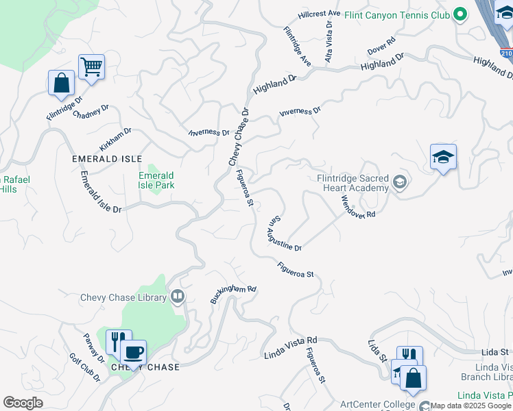 map of restaurants, bars, coffee shops, grocery stores, and more near 3630 Figueroa Street in Glendale