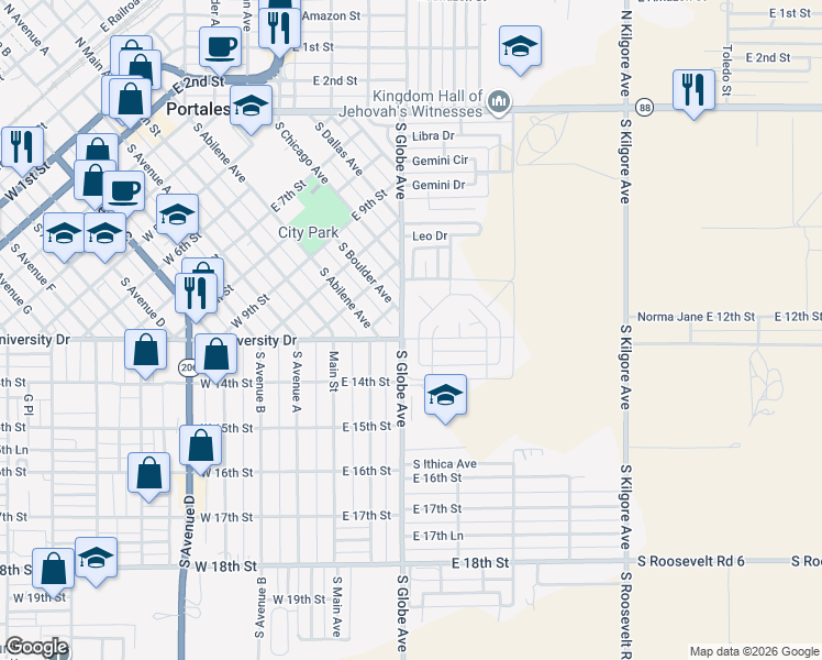 map of restaurants, bars, coffee shops, grocery stores, and more near 1352 Oakwood Circle in Portales