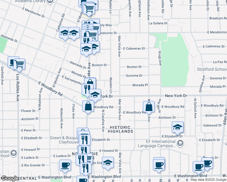map of restaurants, bars, coffee shops, grocery stores, and more near 1920 Maiden Lane in Altadena
