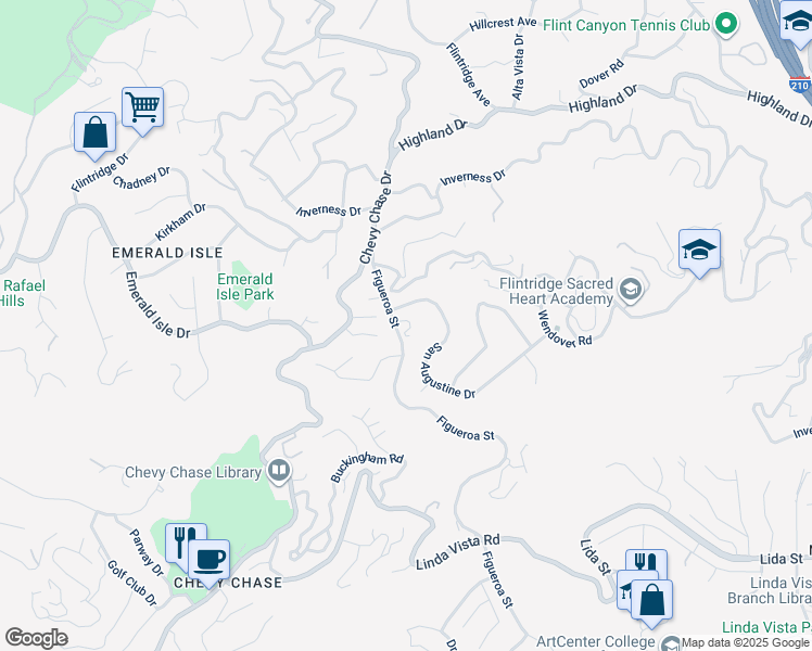 map of restaurants, bars, coffee shops, grocery stores, and more near 3630 Figueroa Street in Glendale