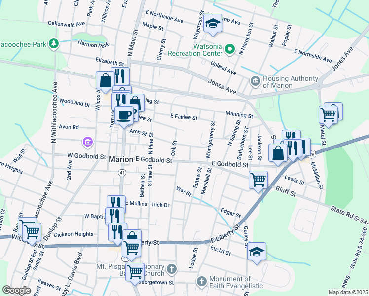 map of restaurants, bars, coffee shops, grocery stores, and more near 408 Arch Street in Marion