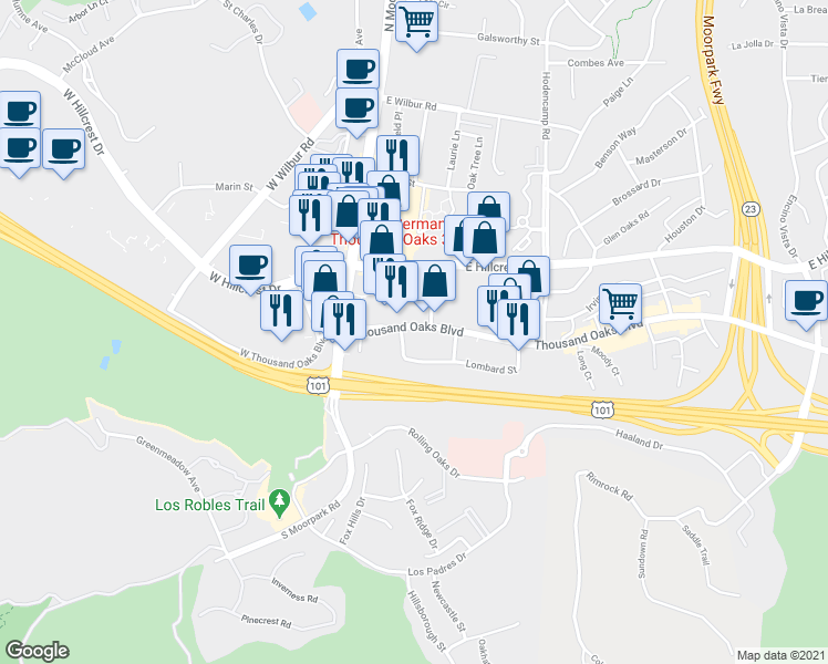 map of restaurants, bars, coffee shops, grocery stores, and more near 220 Thousand Oaks Boulevard in Thousand Oaks
