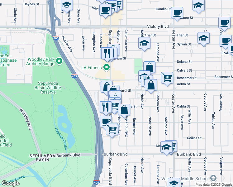 map of restaurants, bars, coffee shops, grocery stores, and more near 5990 Sepulveda Boulevard in Los Angeles