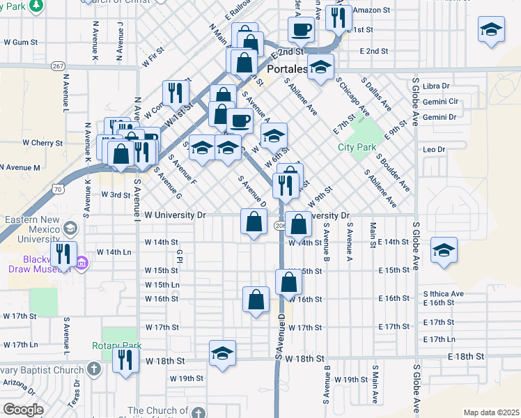 map of restaurants, bars, coffee shops, grocery stores, and more near 820 South Avenue C in Portales