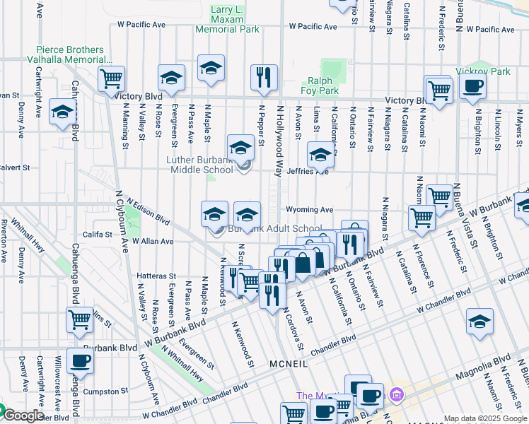 map of restaurants, bars, coffee shops, grocery stores, and more near 1640 North Pepper Street in Burbank