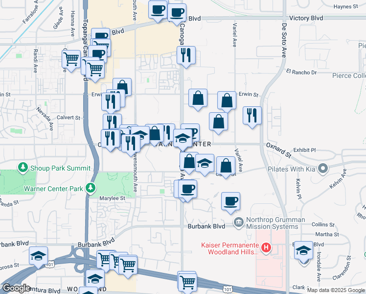 map of restaurants, bars, coffee shops, grocery stores, and more near Canoga Avenue in Los Angeles County