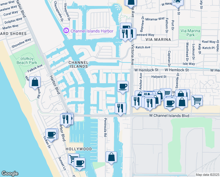map of restaurants, bars, coffee shops, grocery stores, and more near 4031 Romany Drive in Oxnard