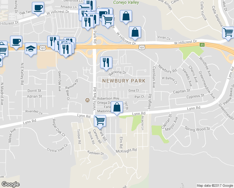 map of restaurants, bars, coffee shops, grocery stores, and more near 60 Saint John Court in Thousand Oaks