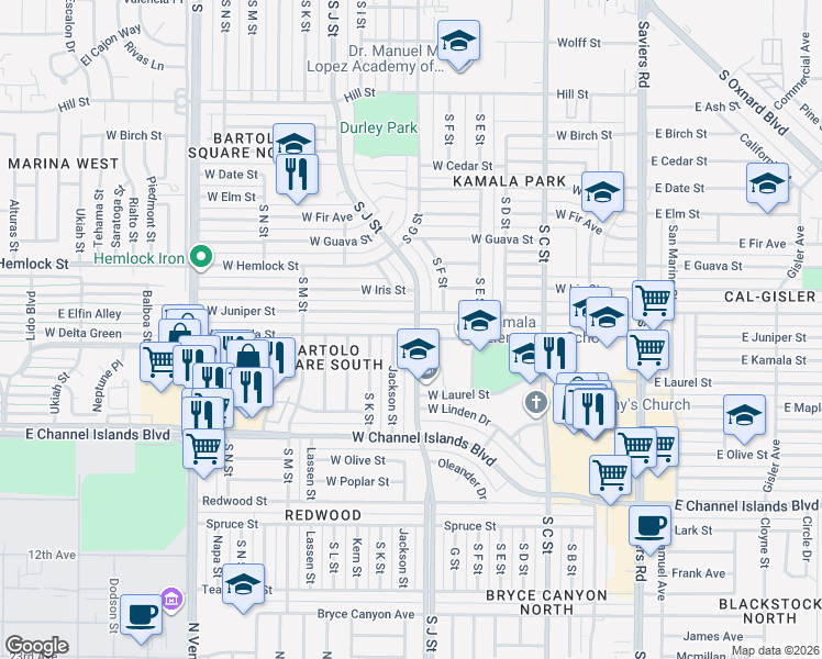 map of restaurants, bars, coffee shops, grocery stores, and more near 803 West Kamala Street in Oxnard