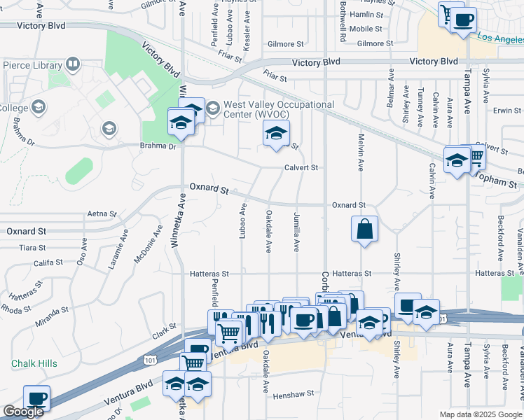 map of restaurants, bars, coffee shops, grocery stores, and more near 5955 Oakdale Avenue in Los Angeles