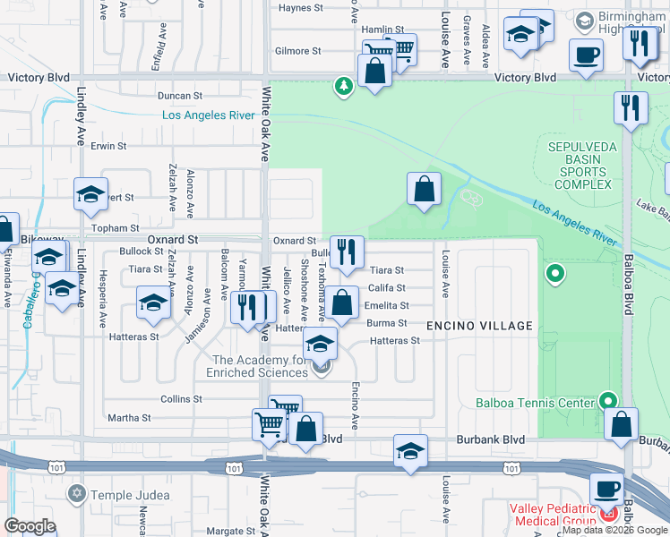 map of restaurants, bars, coffee shops, grocery stores, and more near 6001 Encino Avenue in Los Angeles