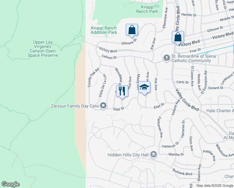 map of restaurants, bars, coffee shops, grocery stores, and more near 5956 Woodland View Drive in Los Angeles