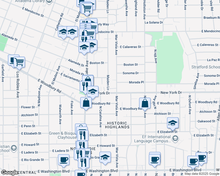 map of restaurants, bars, coffee shops, grocery stores, and more near 1920 Maiden Lane in Altadena