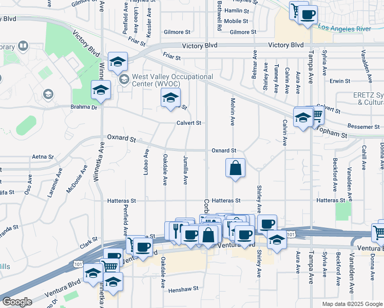 map of restaurants, bars, coffee shops, grocery stores, and more near 5954 Jumilla Avenue in Los Angeles