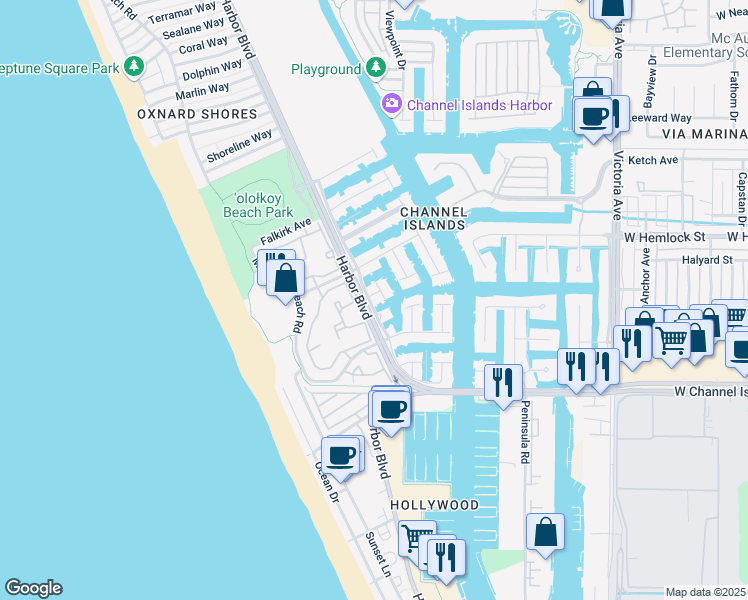 map of restaurants, bars, coffee shops, grocery stores, and more near 4544 Lyme Bay in Oxnard