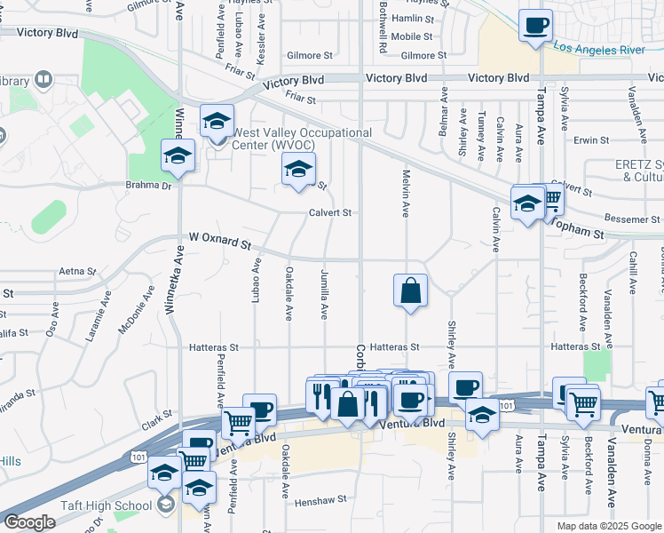 map of restaurants, bars, coffee shops, grocery stores, and more near 5954 Jumilla Avenue in Los Angeles