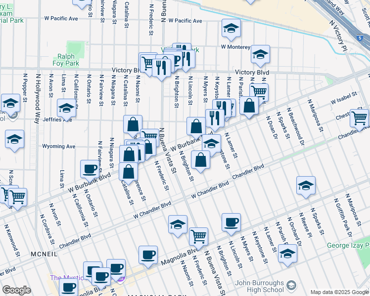 map of restaurants, bars, coffee shops, grocery stores, and more near 2314 West Burbank Boulevard in Burbank