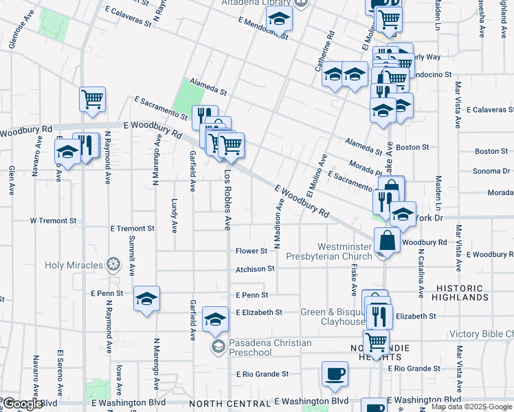 map of restaurants, bars, coffee shops, grocery stores, and more near 1930 Santa Rosa Avenue in Pasadena