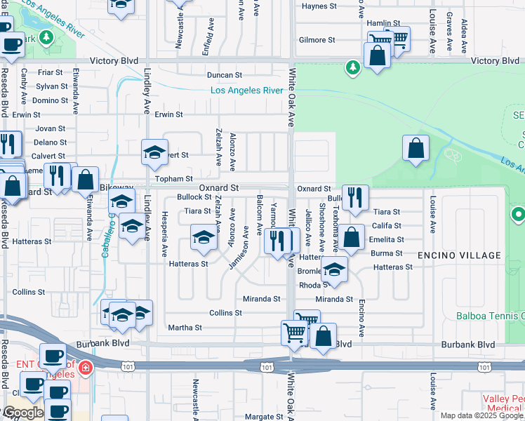 map of restaurants, bars, coffee shops, grocery stores, and more near 5952 Balcom Avenue in Los Angeles