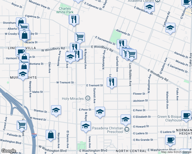 map of restaurants, bars, coffee shops, grocery stores, and more near 1934 Summit Avenue in Pasadena