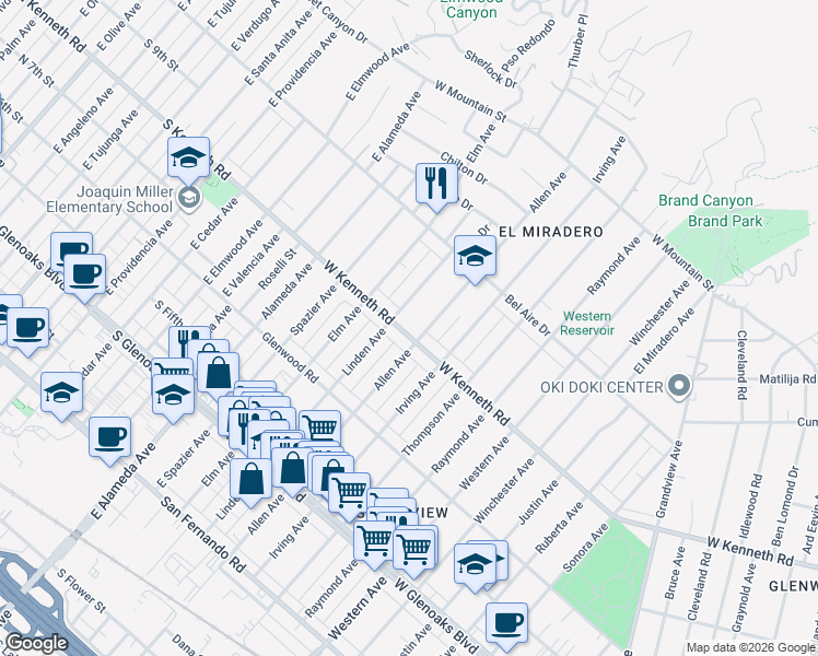 map of restaurants, bars, coffee shops, grocery stores, and more near 1911 West Kenneth Road in Glendale