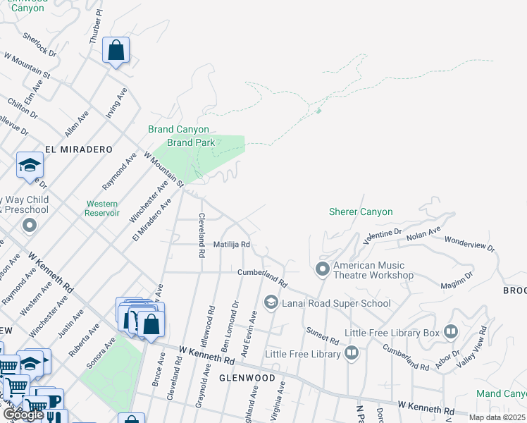 map of restaurants, bars, coffee shops, grocery stores, and more near 1880 Idlewood Road in Glendale