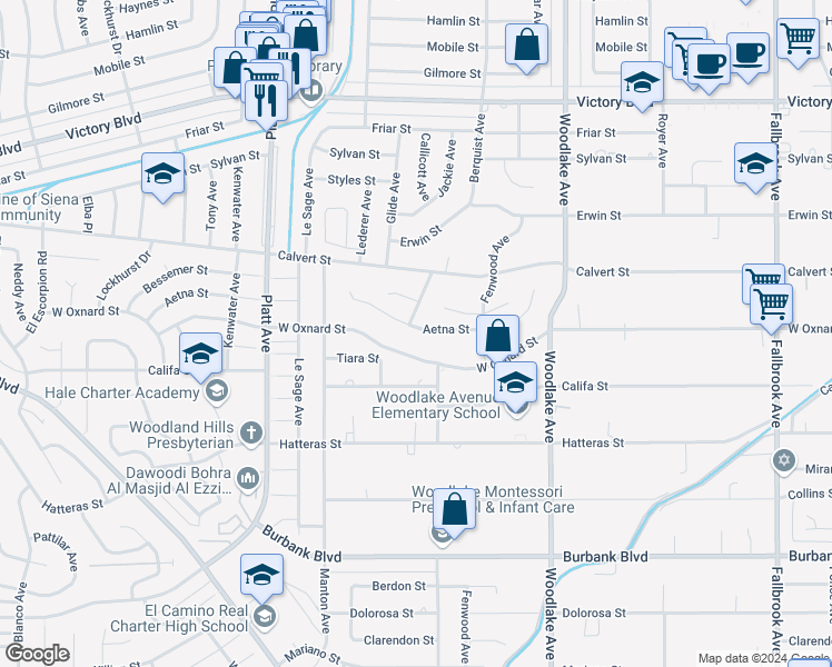 map of restaurants, bars, coffee shops, grocery stores, and more near 23416 Aetna Street in Los Angeles
