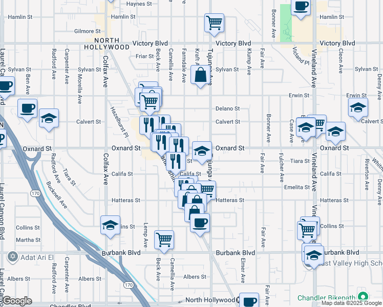 map of restaurants, bars, coffee shops, grocery stores, and more near 11447 Tiara Street in Los Angeles