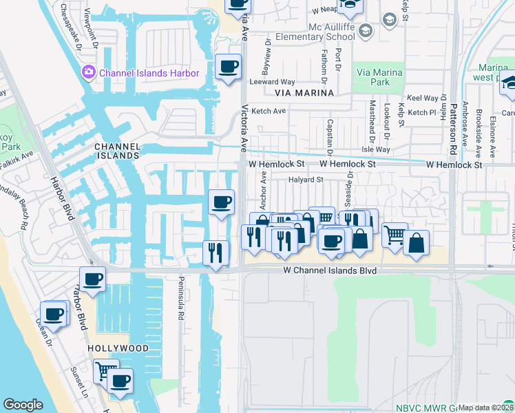 map of restaurants, bars, coffee shops, grocery stores, and more near 2564 Anchor Avenue in Port Hueneme